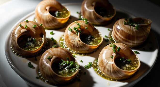 Delicious escargots served in shells with garlic butter and chives on a white plate