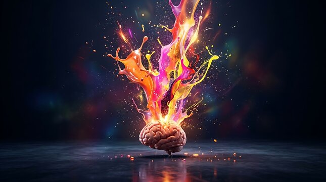 Human Brain with Vibrant Colorful Paint Exploding Outward Representing Creativity and Imagination Concept