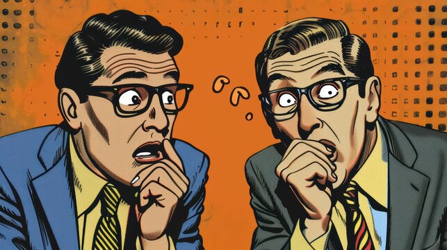 Two worried businessmen in suits looking concerned and puzzled