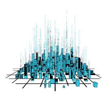 Abstract digital cityscape dissolving into binary code rain