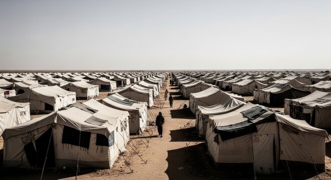 Rows of refugee tents under a vast, pale sky
