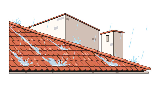 A terracotta-tiled roof shows visible rain splashes and streaks from water leakage with two building structures in the background.