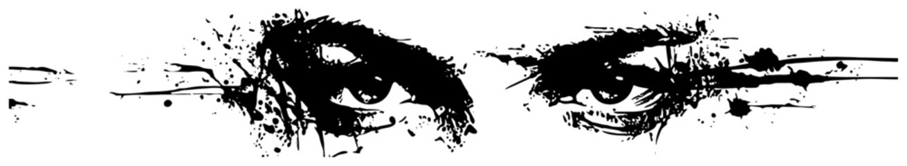 Intense human eyes gaze in a panoramic banner style with dark ink splatters