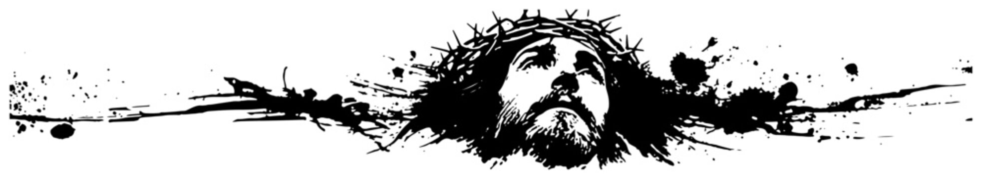 Religious banner featuring Jesus Christ with a crown of thorns in ink splatter style