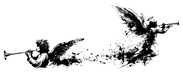 Flying winged angel playing a trumpet in dramatic black ink splatter art style © UrbanDruid