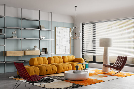 Contemporary living room interior with mustard modular sofa, mid century modern lounge chair and minimalist shelving in a bright designer apartment. 3D illustration