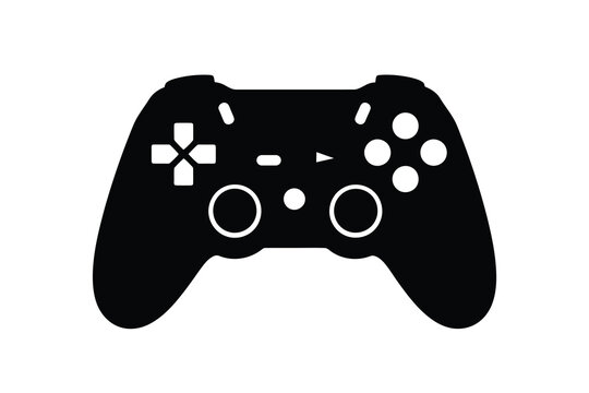Black silhouette of a PlayStation gaming controller on a white background, isolated vector graphic for design and gaming concepts.