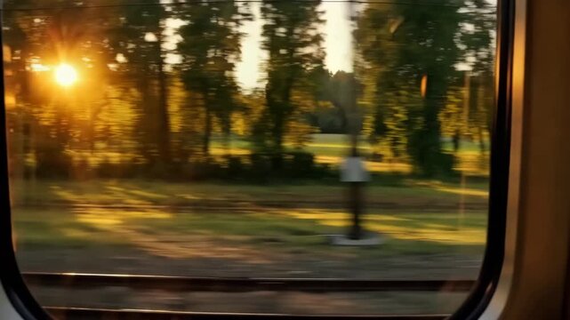 Golden hour sunbeams stream through trees seen from a moving train window