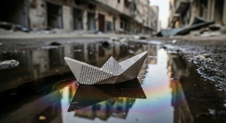 Obraz premium Handmade Paper Boat Floating on Urban Puddle Reflection