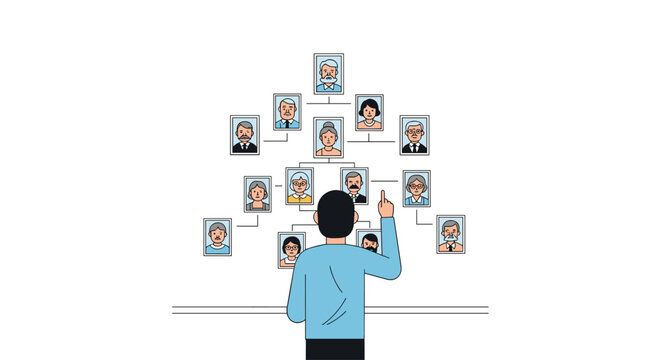 A person in a blue shirt stands with their back to the viewer, pointing at a detailed family tree illustration.