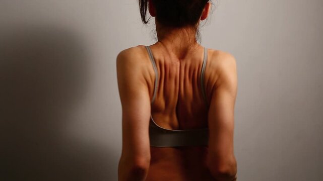Sexy woman doing  stretching antiaging exercises for beauty face skin, Healthy shoulders, neck, strong back. Fit naked body muscles brunette model in bra isolated in studio. Back view