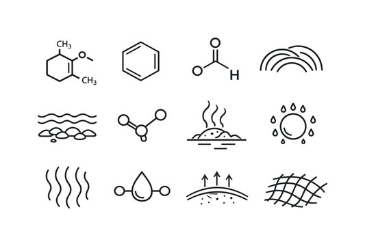 Line style vector icons of petrichor molecules: geosmin ring outline, aromatic cycle tile, aldehyde node, sesquiterpene arc,