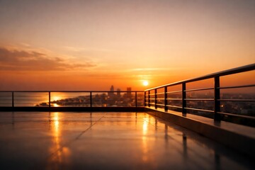 Obraz premium Modern rooftop terrace at sunset with golden sky reflection and city skyline view in warm light