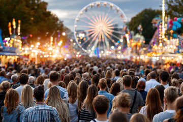 Large Crowd at an Amusement Park Evening Festival
