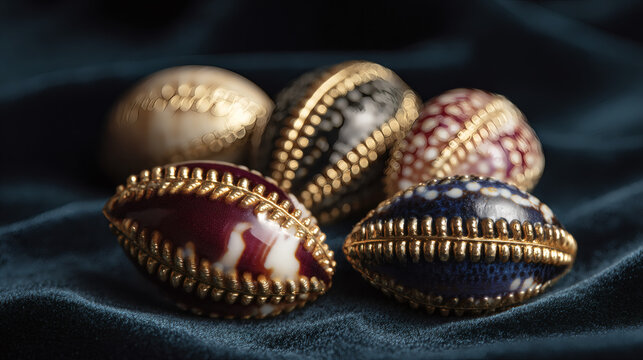 glitzernde Kaurimuscheln auf einem Samttuch