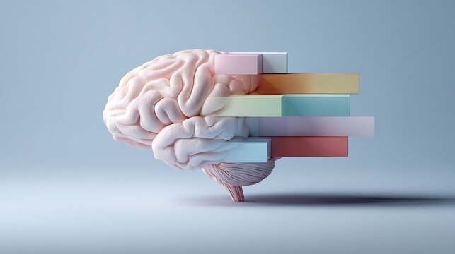 A 3D illustration of a human brain with colorful blocks floating around it, representing creativity and knowledge.