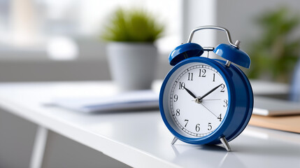 Blue alarm clock with paid time off note on office desk, work-life balance concept, defocused background, with copy space