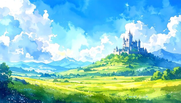 Grand castle standing on lush hill surrounded by bright countryside landscape watercolor painting illustration