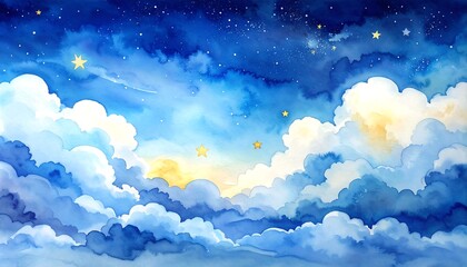 Fototapeta premium Soft dreamy cloudscape under starry night sky watercolor painting illustration