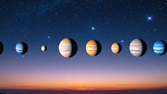 Stylized planetary alignment of multiple exoplanets and gas giants in a starry night sky above a glowing sunset horizon