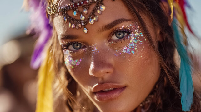 Woman with glitter festival makeup and rhinestones close up