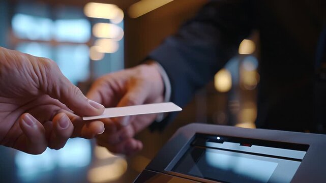 Close up of a hand tapping a white access card on a modern card reader.