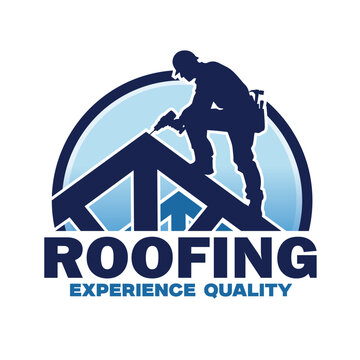 Roofing construction logo with worker on roof silhouette bold vector design