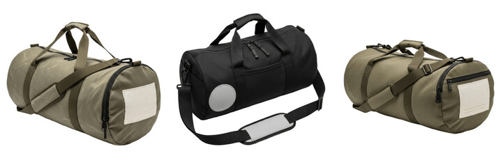 Naklejka premium Premium Olive Green and Black Duffel Bag Mockup Set, Three Tactical Sports and Travel Holdall Views with Blank Branding Labels, Isolated High-Resolution Athletic Gear Collection.