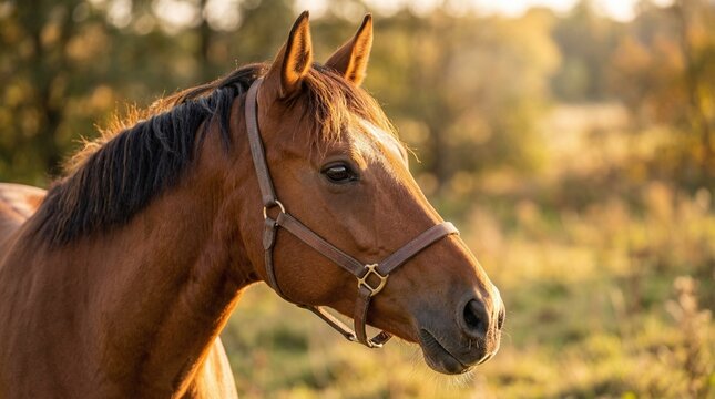 Brown horse standing in field during golden hour sunset