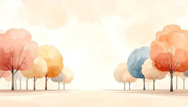 Minimal autumn trees standing softly across pastel landscape with warm gentle colors watercolor painting illustration