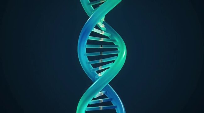 DNA double helix model in blue and green tones on dark background  