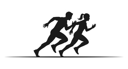 Vector silhouette of man and woman running, black icons