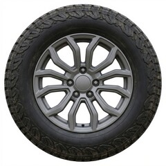 Obraz premium Isolated off-road car wheel featuring a durable all-terrain tire with aggressive tread and a modern alloy rim on a clean white background, perfect for automotive concepts.