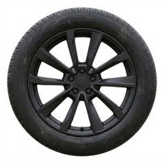 Obraz premium A single modern black matte alloy wheel with a car tire, isolated on a white background. Ideal for automotive, repair, or design concepts.