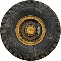 Obraz premium Close-up of a dirty, heavy-duty industrial tire with a prominent yellow wheel hub and brake system, isolated on white. Represents robustness, power, and rugged machinery.