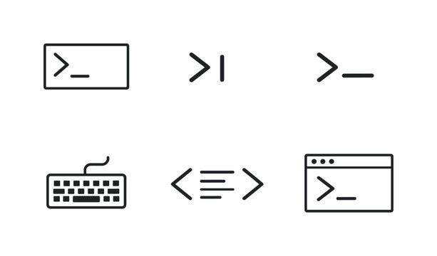 Line style vector icons of command prompt system: terminal-outline icon, blinking-cursor motif, keyboard-input outline,