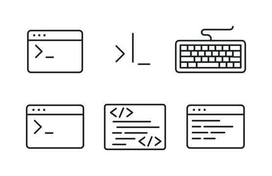 Line style vector icons of text-based command interface: terminal-outline icon, blinking-cursor motif, keyboard-input outline,