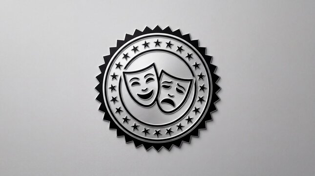 Theater masks symbolizing drama and comedy on a circular emblem with stars on a gray gradient background