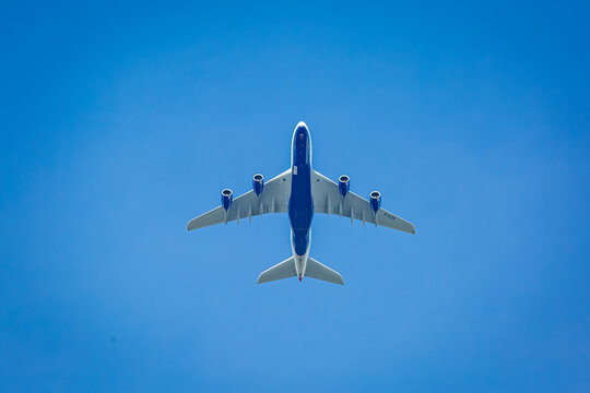 London, UK - 14th February 2026, An underside view of a British Airways Airbus A380- 841, registration G-XLE, departing London Heathrow (LHR) for Dubai (DXB).