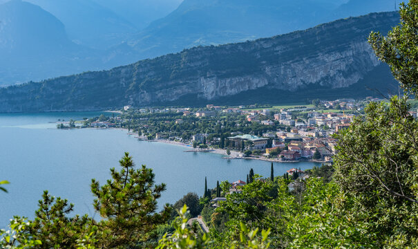 Lake garda, nago-torbole town overview from mountain trail