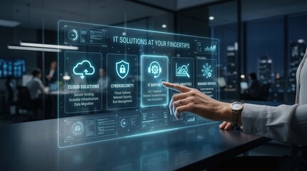 Obraz premium A professional's hand interacting with a holographic display showcasing IT solutions, hinting at innovation and modern technology