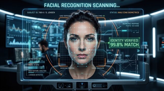 Facial recognition scanning on a woman. The image illustrates technological advancements
