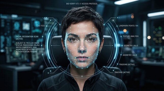 A woman with biometric facial scan in command room