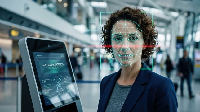 Biometric identification technology scans a woman's face at the airport terminal
