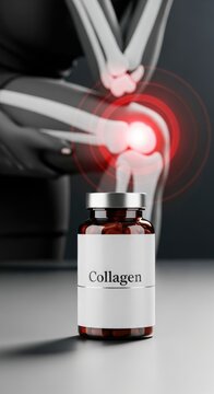 Knee joint pain relief with collagen supplement bottle for bone health support and joint comfort. Natural remedy for ache and inflammation management.