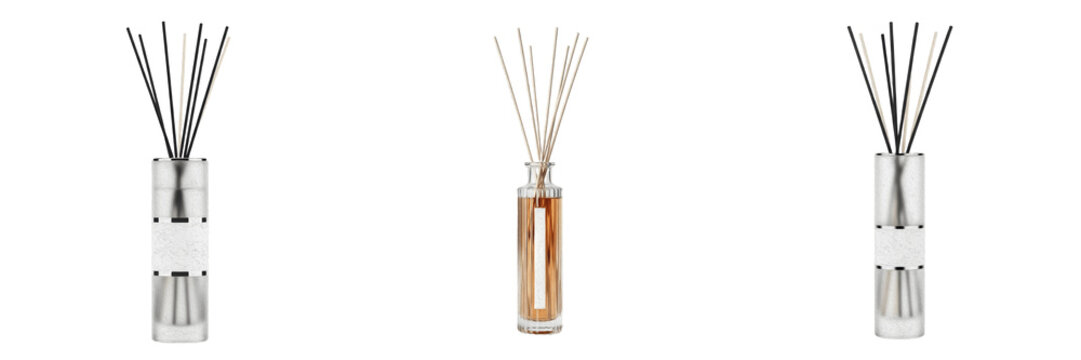 Set of Three Glass Reed Diffuser Bottles with Blank Labels Isolated on White Background - Clear Slender Fragrance Vases with Wooden Sticks for Aromatherapy and Home Scents Product Mockups PNG
