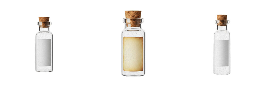 Set of Three Small Glass Vials with Cork Stoppers and Blank Labels Isolated on White Background - Clear Miniature Apothecary Bottles for Message in a Bottle, Essential Oils, and Crafting Mockups