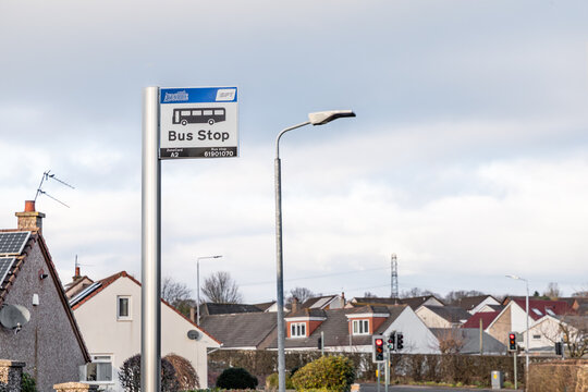 AYR, UK - JANUARY 29, 2026: Bus stop sign installed by South Ayrshire Council and SPT in residential neighbourhood
