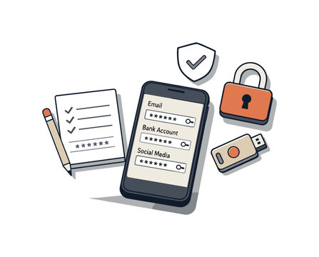 Calm password manager workflow concept with device and lock elements slightly angled for balance shown from above, arranged in