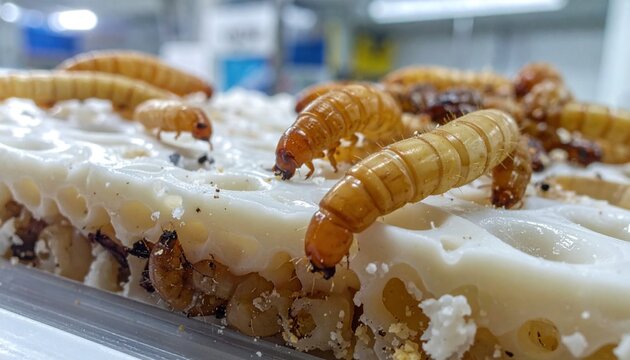 Edible insect larvae being cultivated on specialized nutrient media in a sterile laboratory environment for sustainable protein production